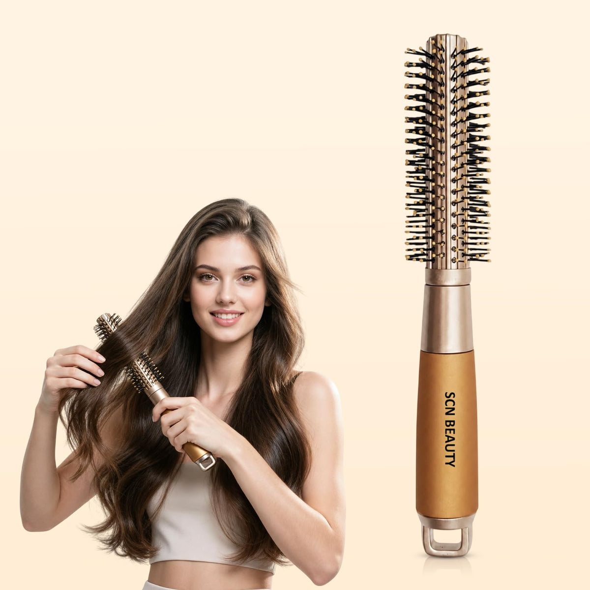 Premium Golden Round Hair Brush – Blow Drying & Styling Brush with Nylon Bristles and Epoxy Tips | Roller Brush for Volume & Smooth Finish | Hair Brush for Men & Women