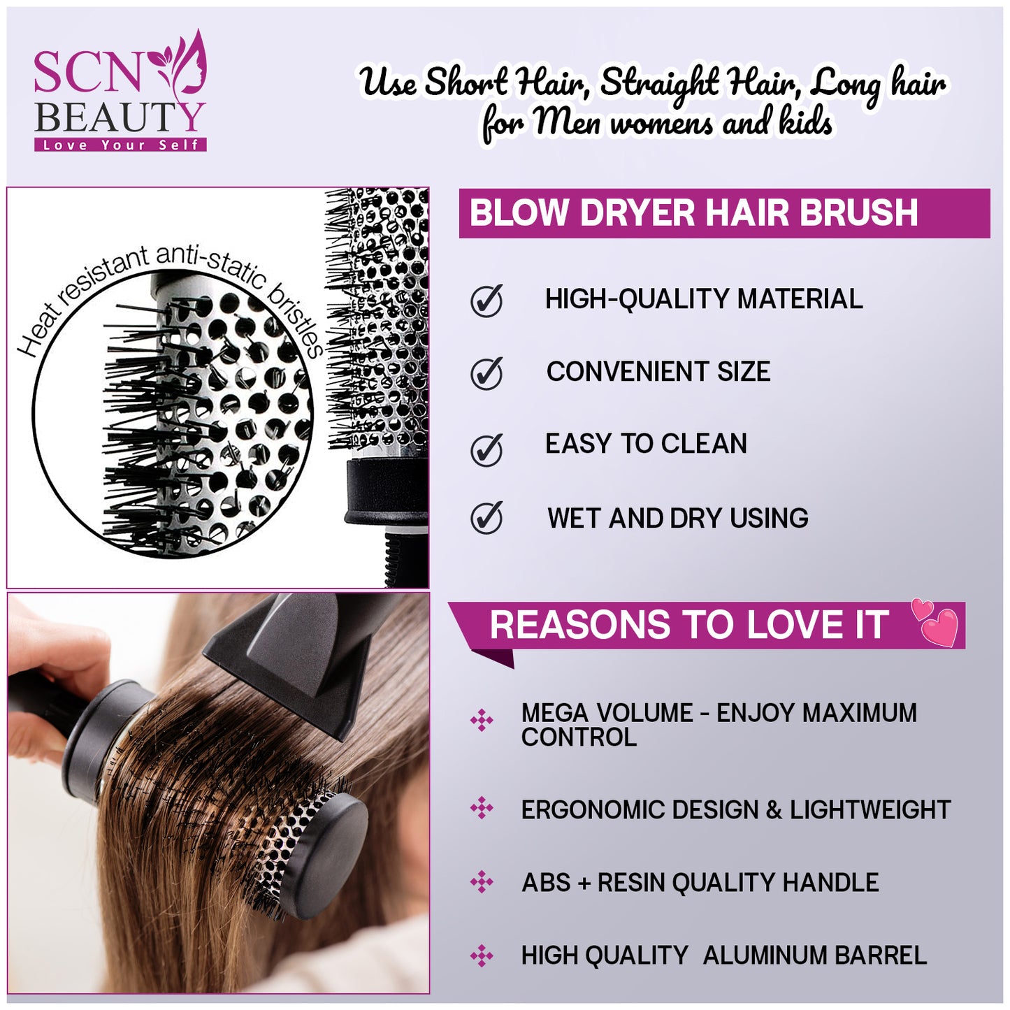 SCN BEAUTY Premium Round Blow Hair Brush for Blow Drying - Lightweight Professional Roller, Precise Heat Styling and Blowout Volume, Manageable Hair Roller for Men, Women - (2 Inch)