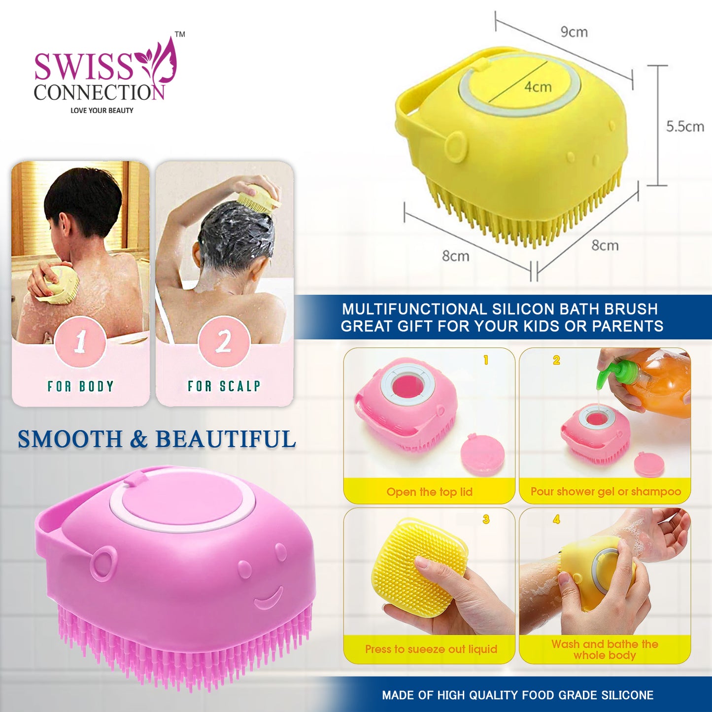 Scn Beauty Silicone Body Back Scrubber & Shampoo Brush Set - (Pack of 2)