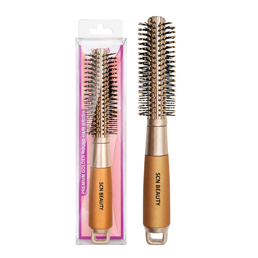 Premium Golden Round Hair Brush – Blow Drying & Styling Brush with Nylon Bristles and Epoxy Tips | Roller Brush for Volume & Smooth Finish | Hair Brush for Men & Women