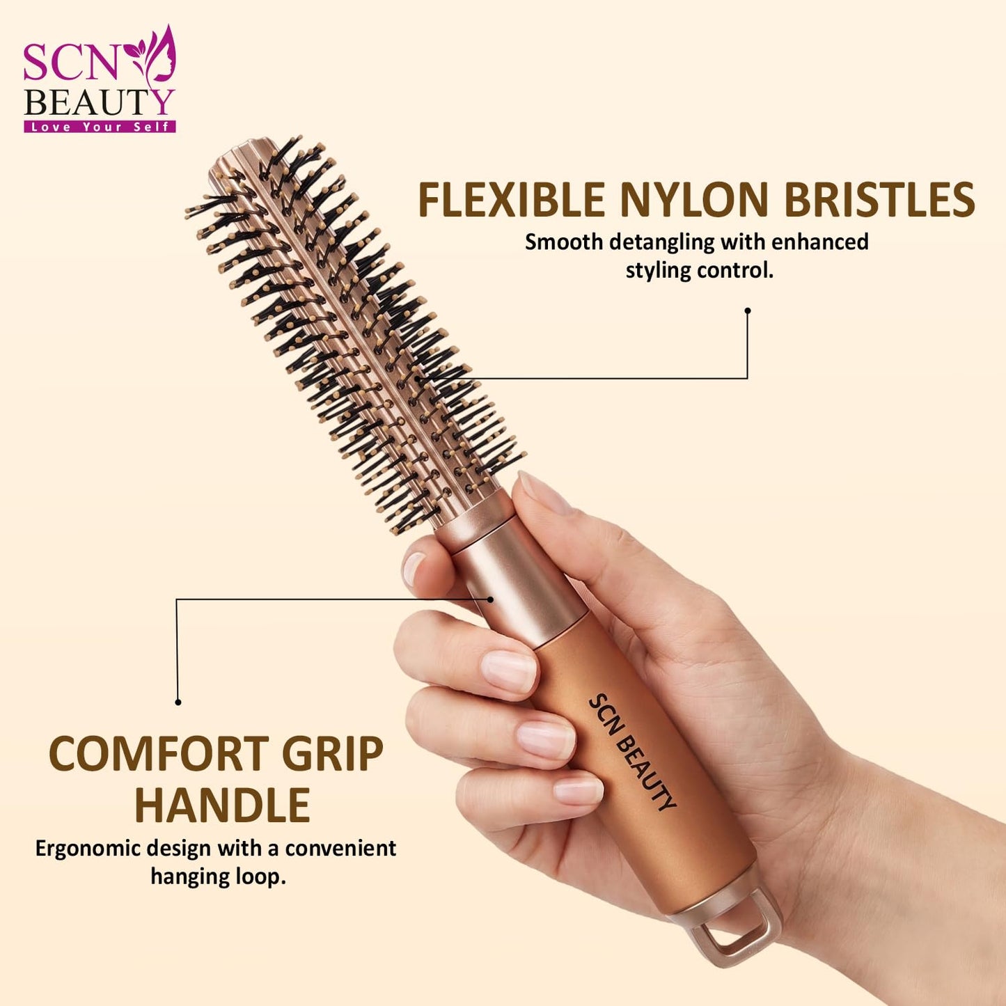 Premium Golden Round Hair Brush – Blow Drying & Styling Brush with Nylon Bristles and Epoxy Tips | Roller Brush for Volume & Smooth Finish | Hair Brush for Men & Women