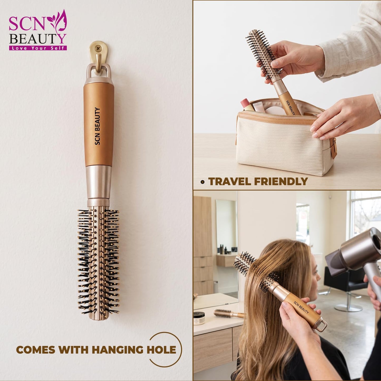 Premium Golden Round Hair Brush – Blow Drying & Styling Brush with Nylon Bristles and Epoxy Tips | Roller Brush for Volume & Smooth Finish | Hair Brush for Men & Women